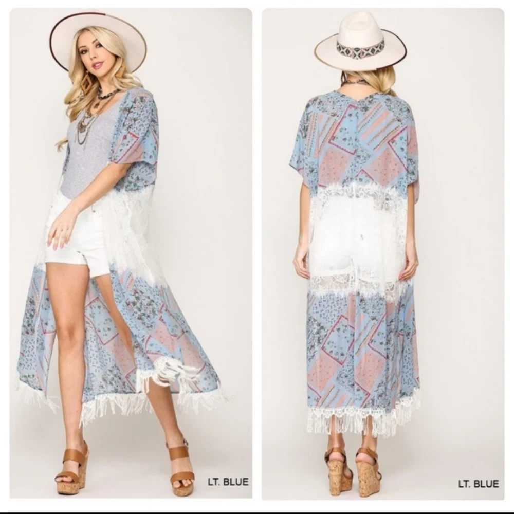 FLORAL LACE ACCENT MAXI KIMONO - Picture 2 of 6